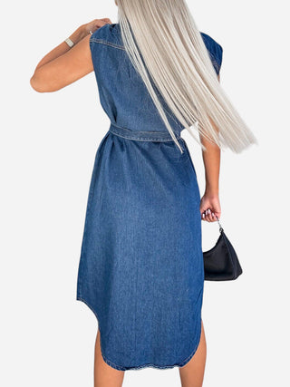 Collared Neck Cap Sleeve Denim Dress Divacious