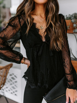 Lace Detail Plunge Long Sleeve Blouse Divacious