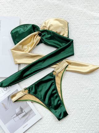 Two-Tone Ring Detail Tied Bikini Set Divacious