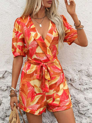 Printed Surplice Half Sleeve Romper Divacious