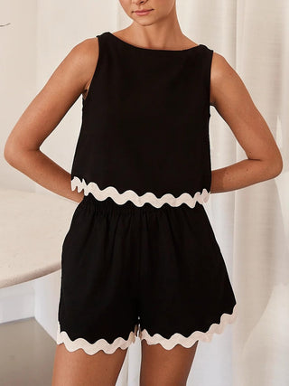 Contrast Trim Round Neck Top and Shorts Set Trendsi