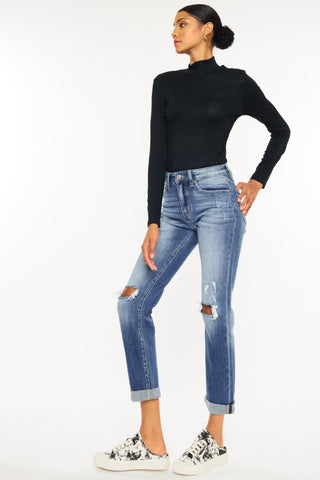 Kancan High Waist Distressed Hem Detail Cropped Straight Jeans Divacious