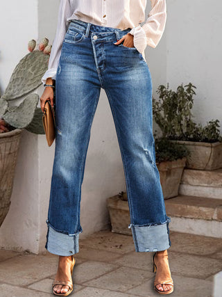 Stepped Waist Raw Hem Rolled Straight Jeans Divacious