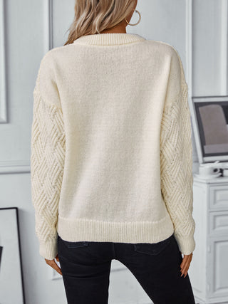 Round Neck Long Sleeve Woven Sweater - Divacious