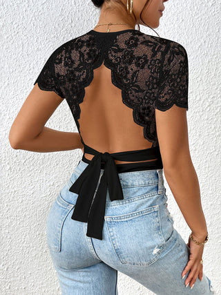 Lace Backless Round Neck Bodysuit Divacious