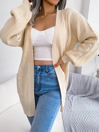 Cable-Knit Open Front Pocketed Cardigan Divacious