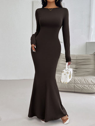 Devine Backless Round Neck Long Sleeve Maxi Dress Trendsi