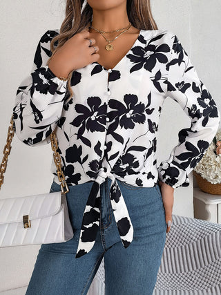 Printed V-Neck Long Sleeve Blouse Divacious