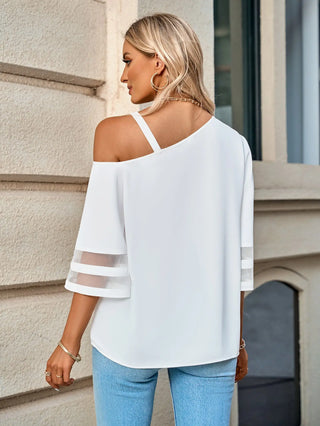 Asymmetrical Neck Sheer Striped Flare Sleeve Blouse Divacious