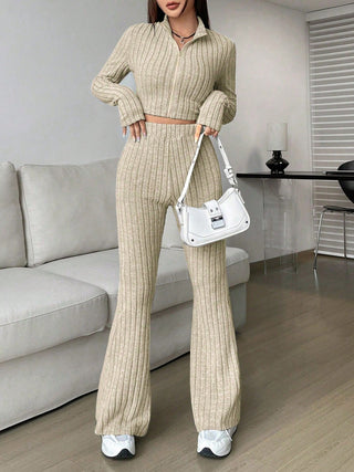 Honey Zip Up Long Sleeve Top and Pants Set Trendsi