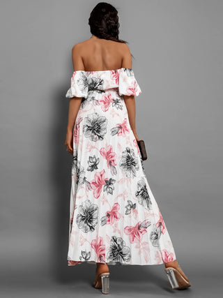 Pleated Floral Off-Shoulder Short Sleeve Midi Dress Trendsi