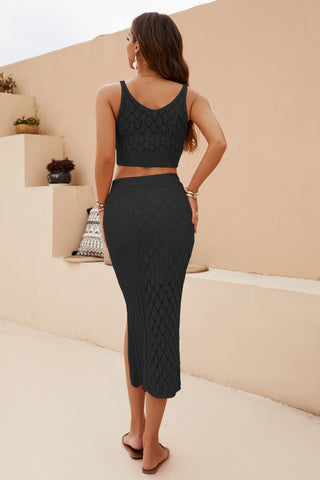 Openwork Cropped Tank and Split Skirt Set Trendsi