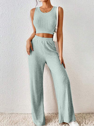 Ribbed Round Neck Tank and Pants Sweater Set Trendsi