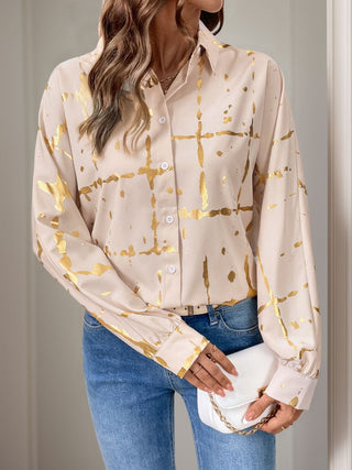 Printed Collared Neck Long Sleeve Shirt - Divacious