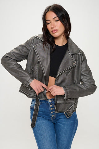 Coalition LA Zip Up Biker Jacket with Belt Trendsi