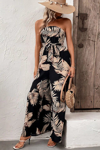 Printed Strapless Wide Leg Jumpsuit with Pockets Divacious