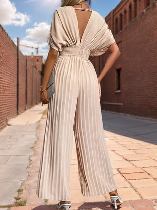 Pleated Short Sleeve Wide Leg Jumpsuit Divacious