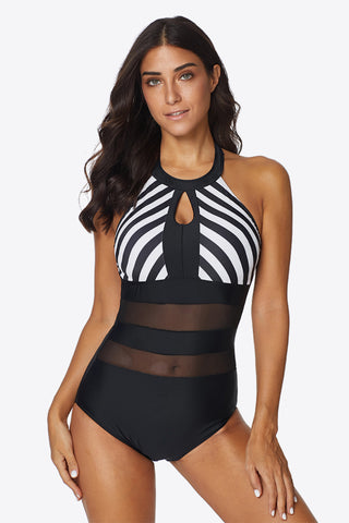 Striped Cutout Spliced Mesh Halter Neck One-Piece Swimsuit Divacious