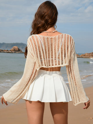 Openwork Boat Neck Long Sleeve Cover-Up Divacious