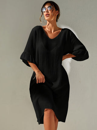 Slit V-Neck Flounce Sleeve Cover-Up Divacious