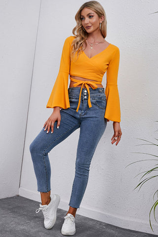 Tie Front Flare Sleeve Cropped Top Divacious