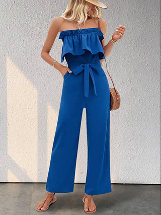 Ruffled Tie Waist Tube Jumpsuit Divacious