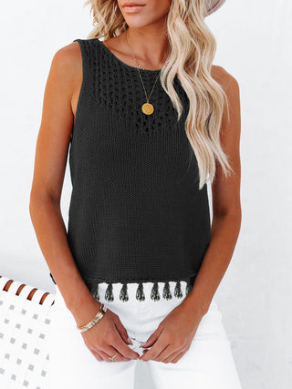 Cutout Tassel Round Neck Tank Divacious