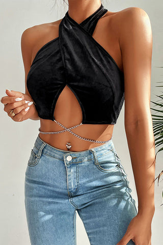 Chain Detail Halter Neck Velvet Cropped Top Divacious