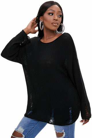 Round Neck Distressed Drop Shoulder Sweater Divacious