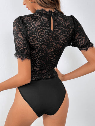 Lace Mock Neck Short Sleeve Bodysuit Divacious