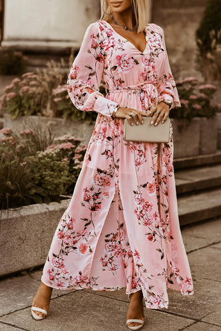 Floral Tie Belt Bishop Sleeve Slit Maxi Dress Trendsi