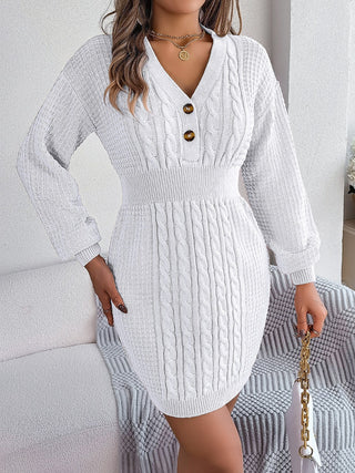 Buttoned Cable-Knit V-Neck Sweater Dress Divacious