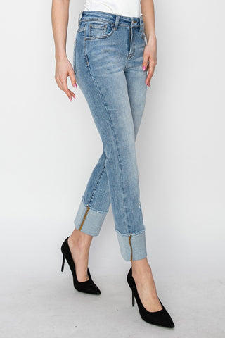 Full Size High Rise Cuffed Slim Straight Jeans Divacious