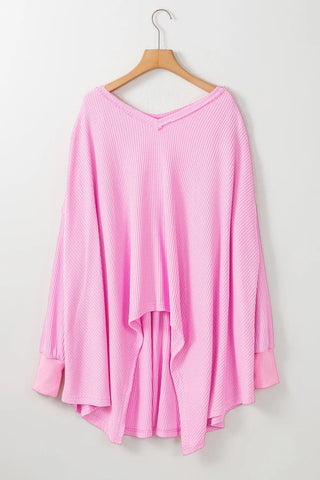 Waffle-Knit V-Neck Long Sleeve Blouse Divacious