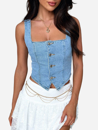 Smocked Square Neck Denim Top Divacious