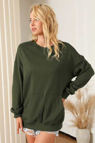 Pocketed Round Neck Dropped Shoulder Sweatshirt Divacious