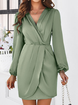 Devine Ruched Surplice Long Sleeve Mini Dress Trendsi