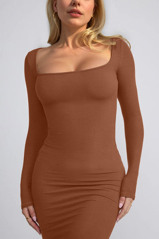 Built-In Shapewear Square Neck Long Sleeve Maxi Dress - Divacious