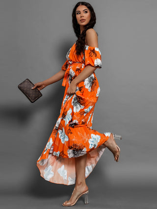 Pleated Floral Off-Shoulder Short Sleeve Midi Dress Trendsi