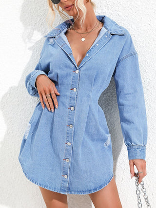 Distressed Button Up Long Sleeve Denim Dress Divacious