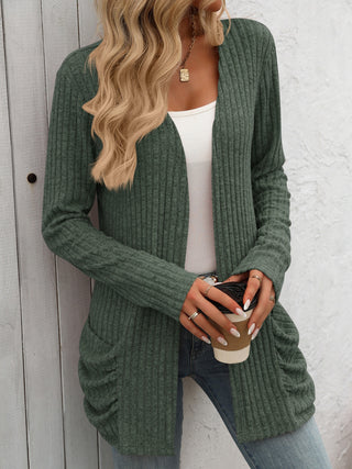 Open Front Long Sleeve Ribbed Cardigan Divacious