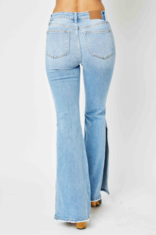 Full Size Mid Rise Raw Hem Slit Flare Jeans Divacious