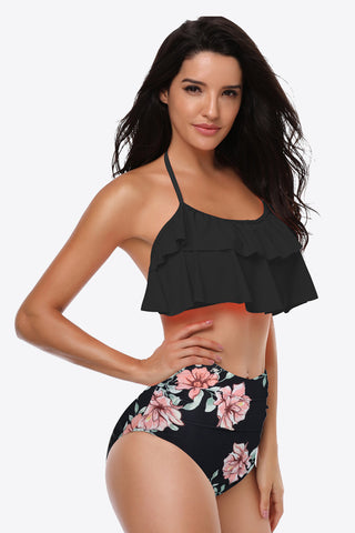 Two-Tone Ruffled Halter Neck Two-Piece Swimsuit Divacious