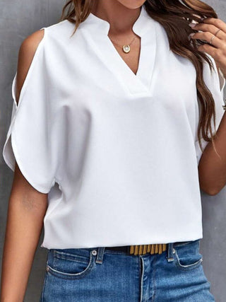 Notched Cold Shoulder Half Sleeve Blouse Divacious