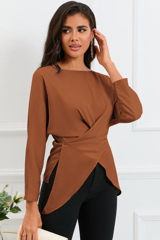 Boat Neck Back Tie Long Sleeve Satin Blouse Divacious