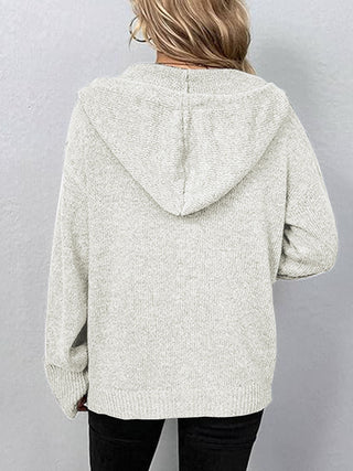 Button Up Drawstring Long Sleeve Hooded Cardigan Divacious