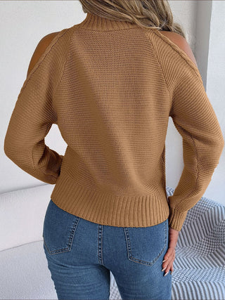 Cable-Knit Turtleneck Cold Shoulder Sweater Divacious