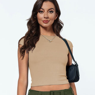 Round Neck Backless Short Sleeve Tee - Divacious