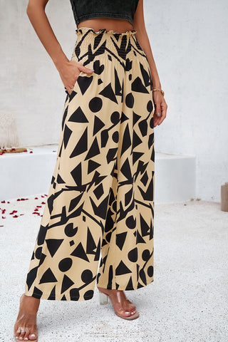 Smocked Printed Wide Leg Pants with Pockets Divacious