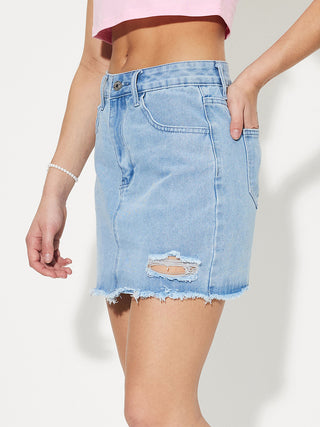 Distressed Raw Hem Mini Denim Skirt Divacious